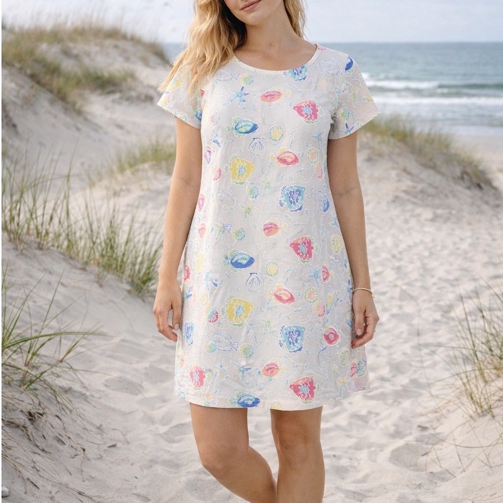 WB9 Fresh Produce Seashell Fish Print Dress Colorful Beach Coastal Summer